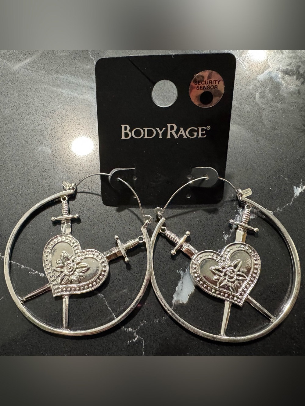 Spencer's Silver Heart-and-Dagger Hoop Earrings